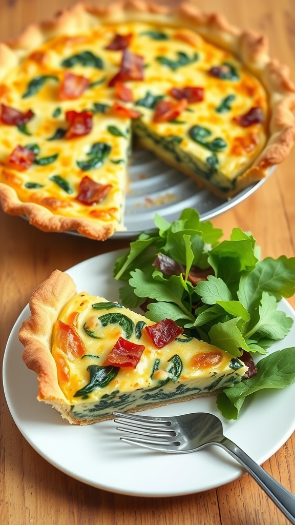 A slice of bacon and spinach quiche on a plate with a fresh salad, highlighting the flaky crust and filling.
